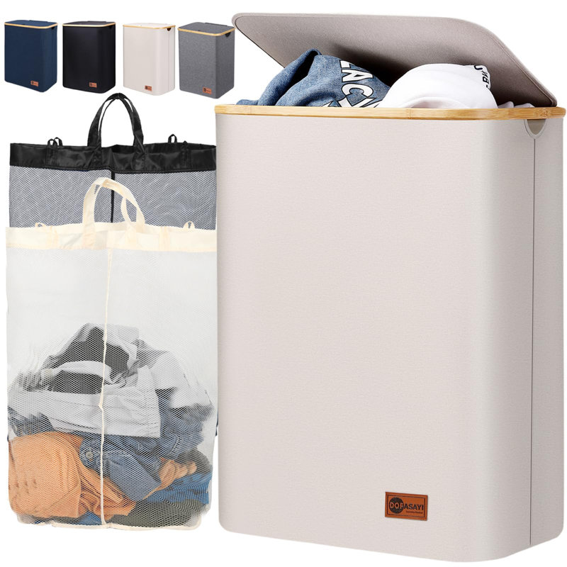 BEACHWATER POOL SPA LLC Laundry Basket 155L Extra Large Laundry Hamper 2 Section With Removable Bag Bamboo Handles Foldable Clothes Hampers For Dirty Laundry Storage Hamper For Laundry Room Bedroom Wa...